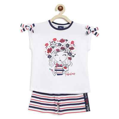 Girls Red Striped 2 Pc Set T-shirt with Short Trouser